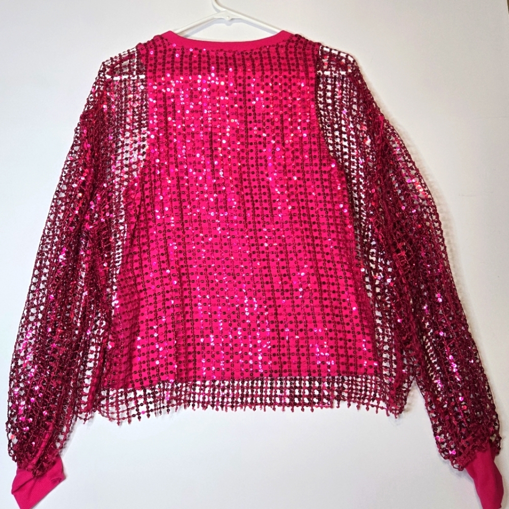 Pilcro Anthropologie Raspberry Pink Mesh Sequin Party Blouse Size Medium - Picture 3 of 13